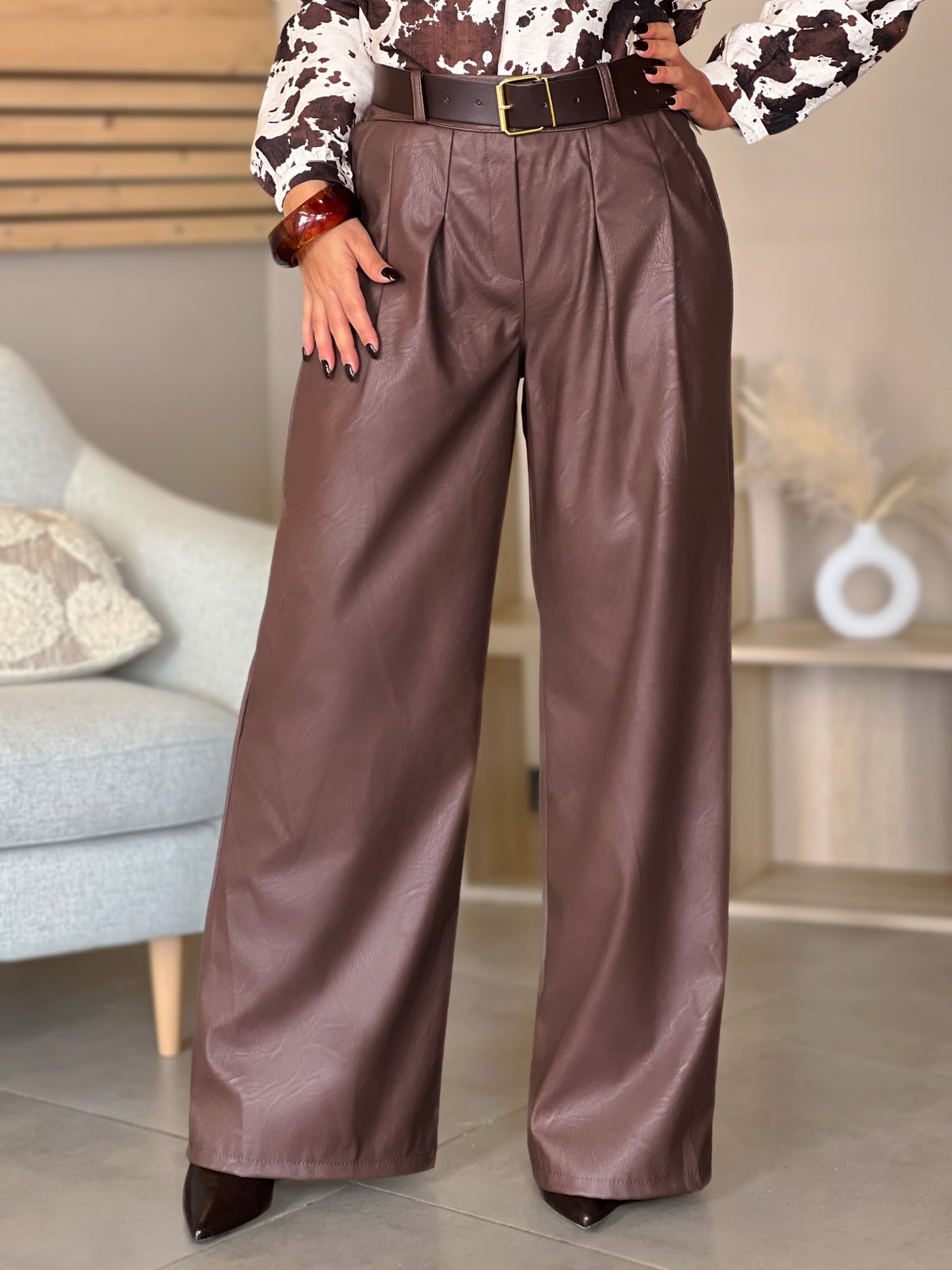 Pantalon simili JULIE - MARRON